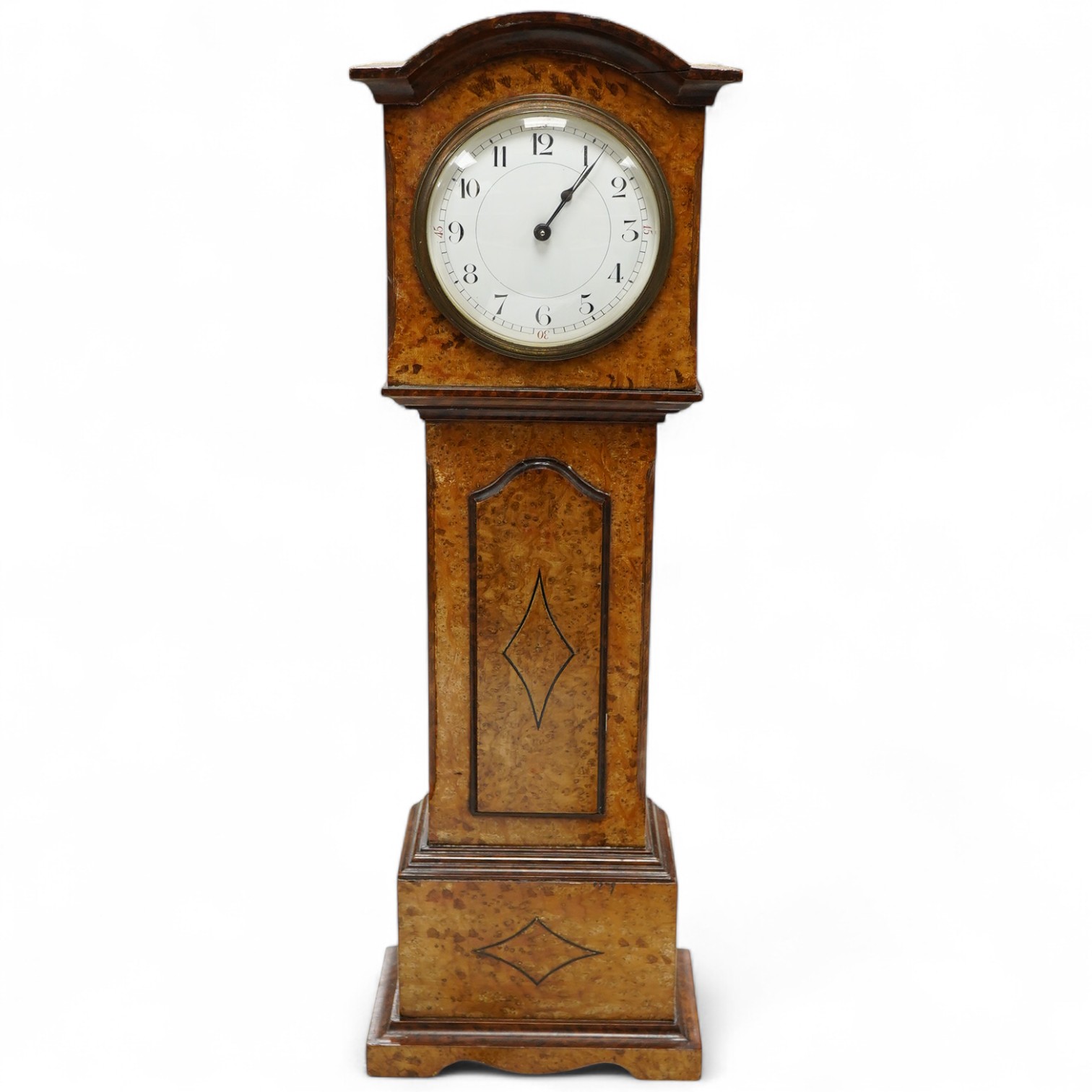 A small French amboyna model of a longcase timepiece, with key, 44cm high